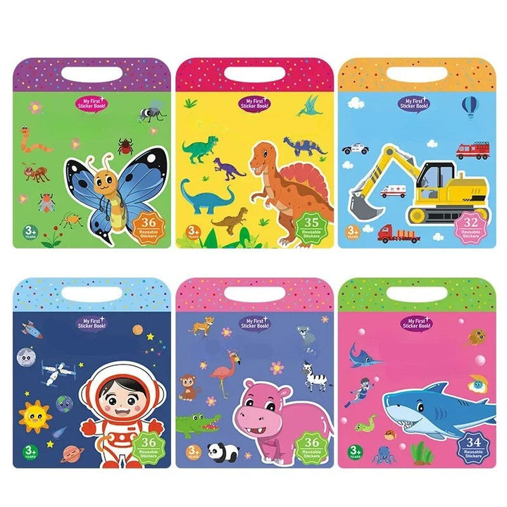 Six activity book covers in insect, dinosaur, vehicle, space, animal, and ocean themes