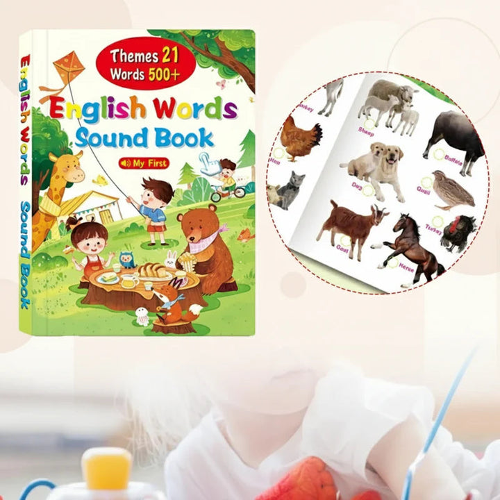 English vocabulary sound book with a farm animal page detail