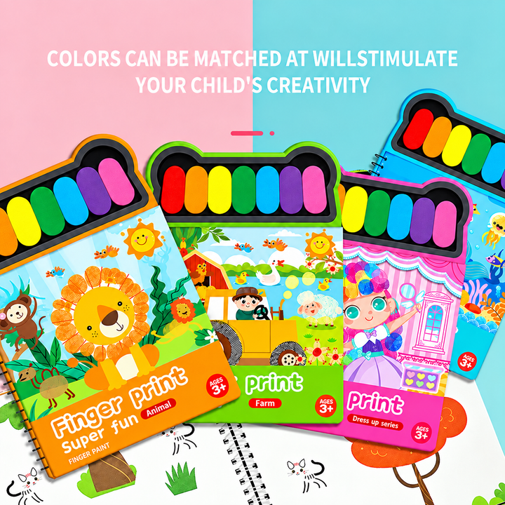Overlapping themed finger painting books with rainbow paint pads and sample fingerprint artwork