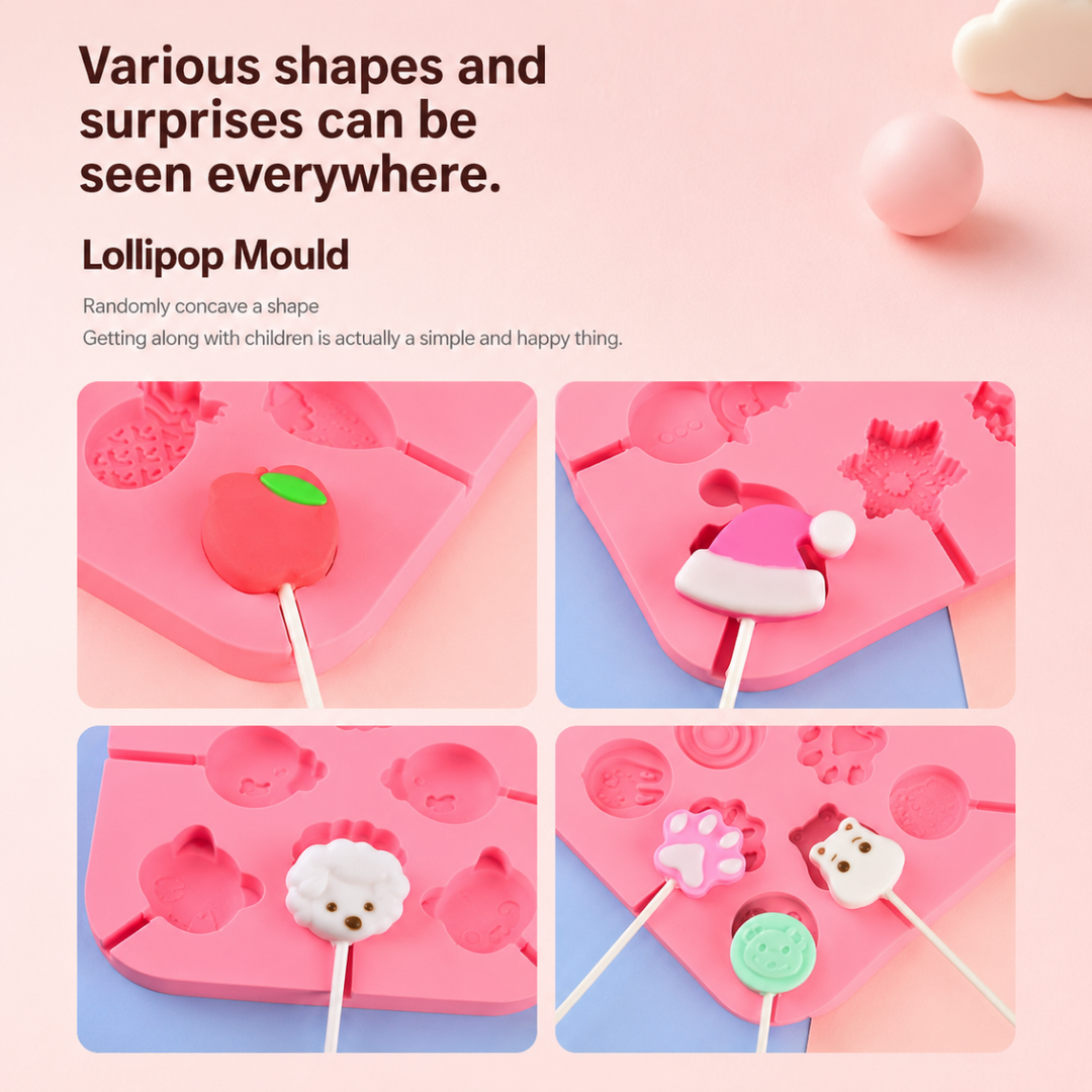 Four close-up views of themed lollipops beside pink silicone molds