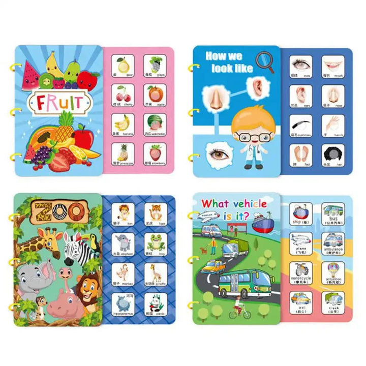 Fruit, body, zoo, and vehicle activity books with illustrated matching pieces