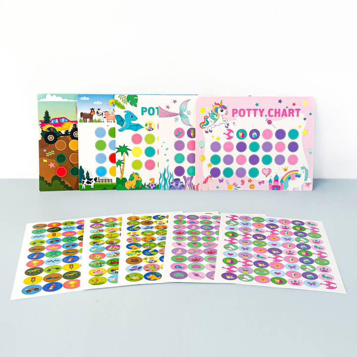 Themed potty training charts displayed above matching colorful sticker sheets