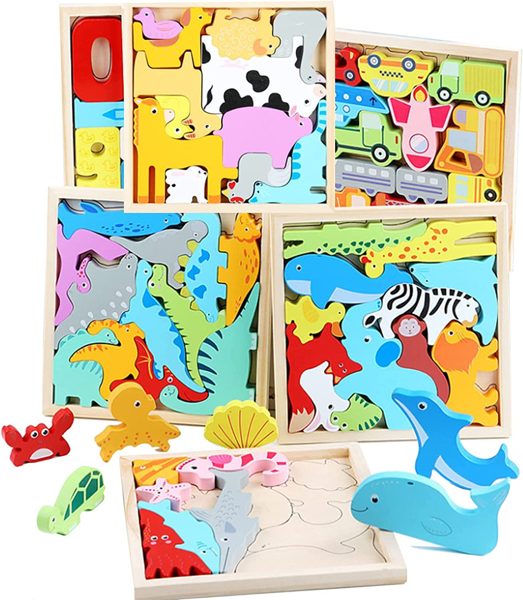 Themed wooden puzzle boards with loose sea animal pieces arranged in front