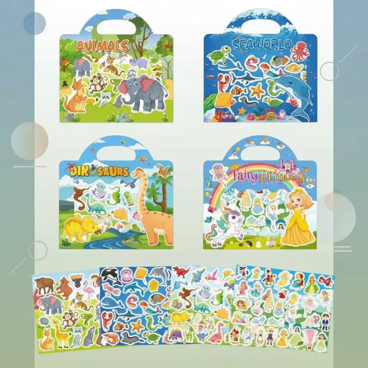 Animal, ocean, dinosaur, and princess sticker books displayed with colorful sticker sheets.