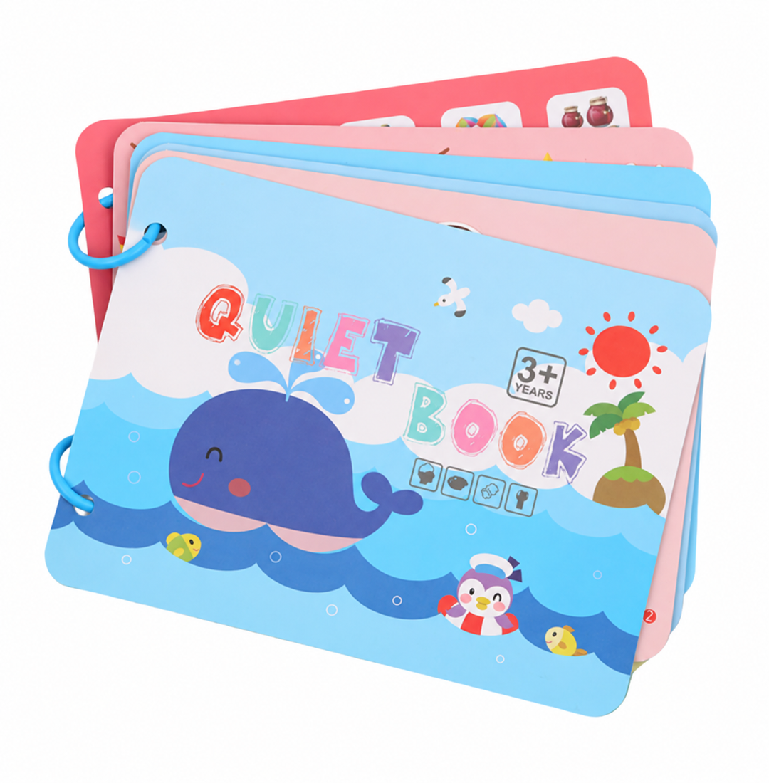 Thinking &amp; Logic quiet book with a blue whale cover and colorful activity pages