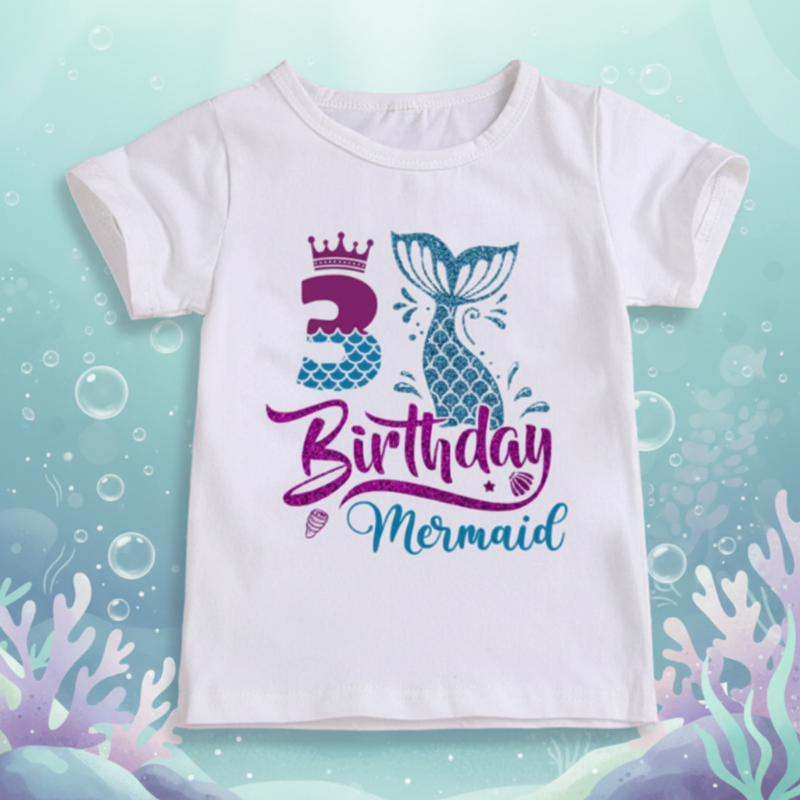 White third-birthday T-shirt with a purple number 3, crown, and teal mermaid tail