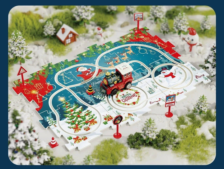 13-piece Christmas train puzzle set shown with a looped track layout and signs