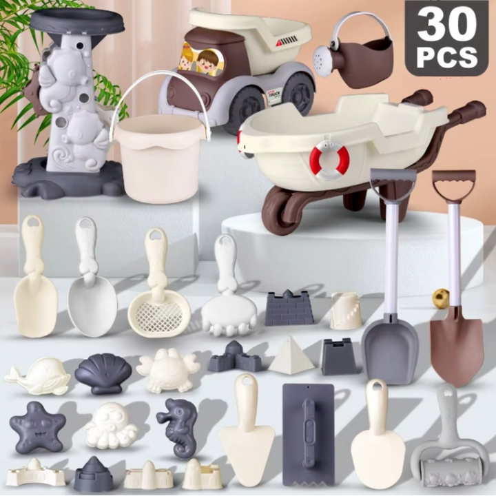 30-piece beach set with sand mill, dump truck, wheelbarrow, bucket, tools, and molds
