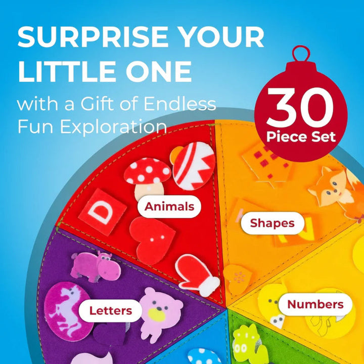 Close-up of a 30-piece felt sorting set with colorful letters, numbers, animals, and shapes