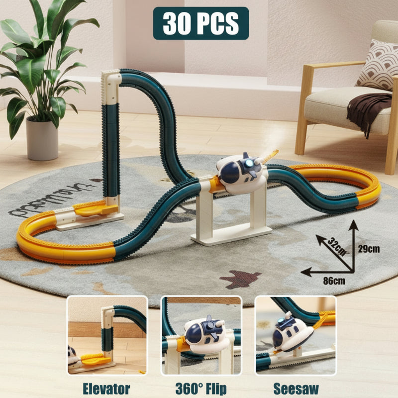 30-piece train track layout with elevator, flip, and seesaw sections and size measurements