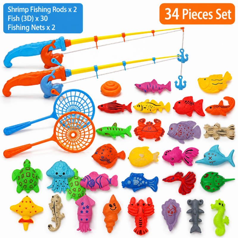 Larger fishing set with 30 sea creatures, two fishing rods and two nets.