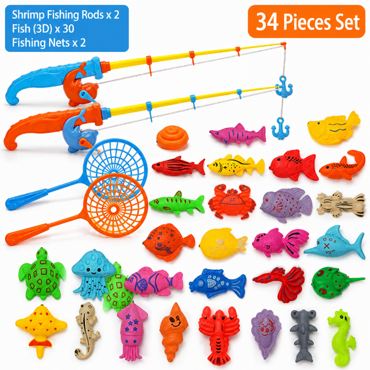 Larger fishing set with 30 sea creatures, two fishing rods and two nets.