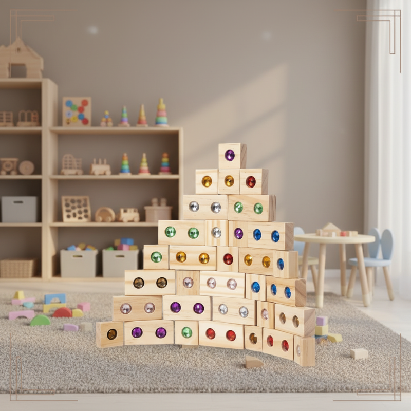 32-piece wooden gem block set arranged as a stepped tower in a playroom