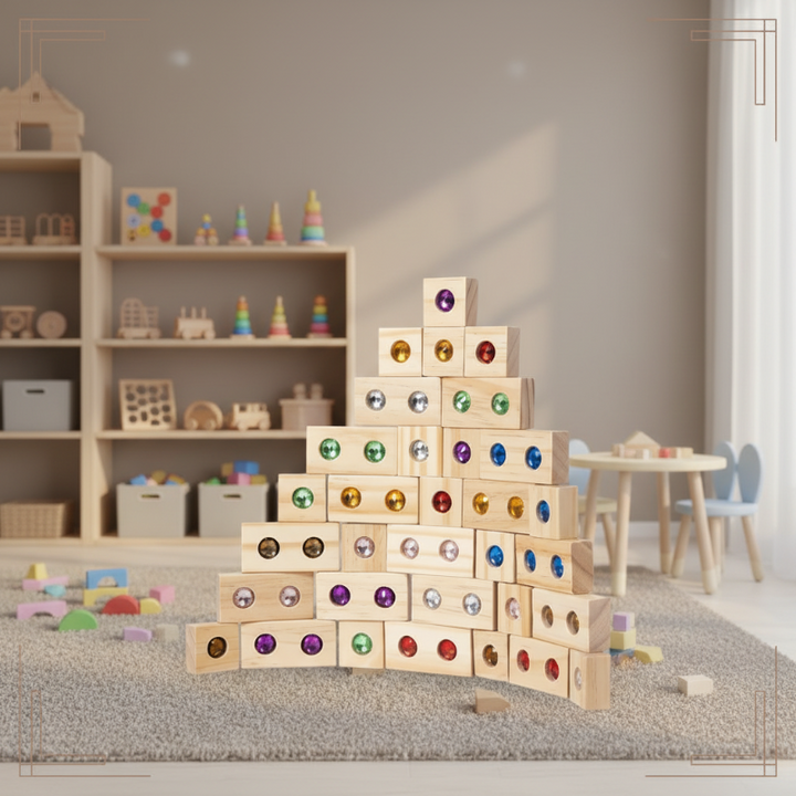 32-piece wooden gem block set arranged as a stepped tower in a playroom