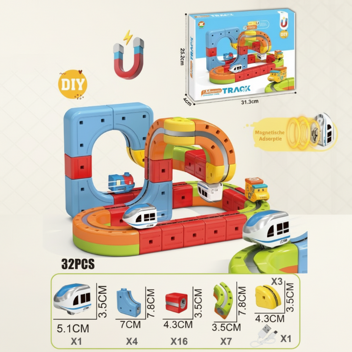 32-piece magnetic track set with stacked loops, toy trains, and a component guide