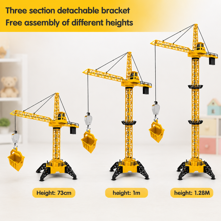 Three tower crane configurations labeled 73 cm, 1 m and 1.28 m tall.
