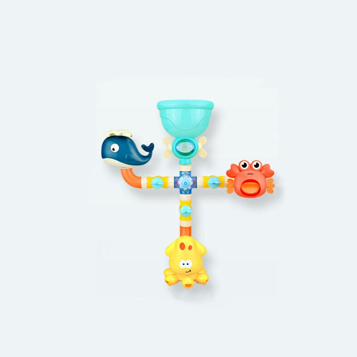 Complete animal fountain bath toy with branching pipes and a top-fill funnel