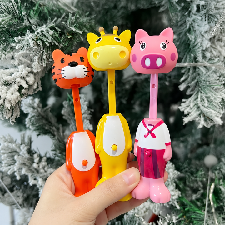Tiger, yellow animal and pig toothbrushes with extended stems held in one hand