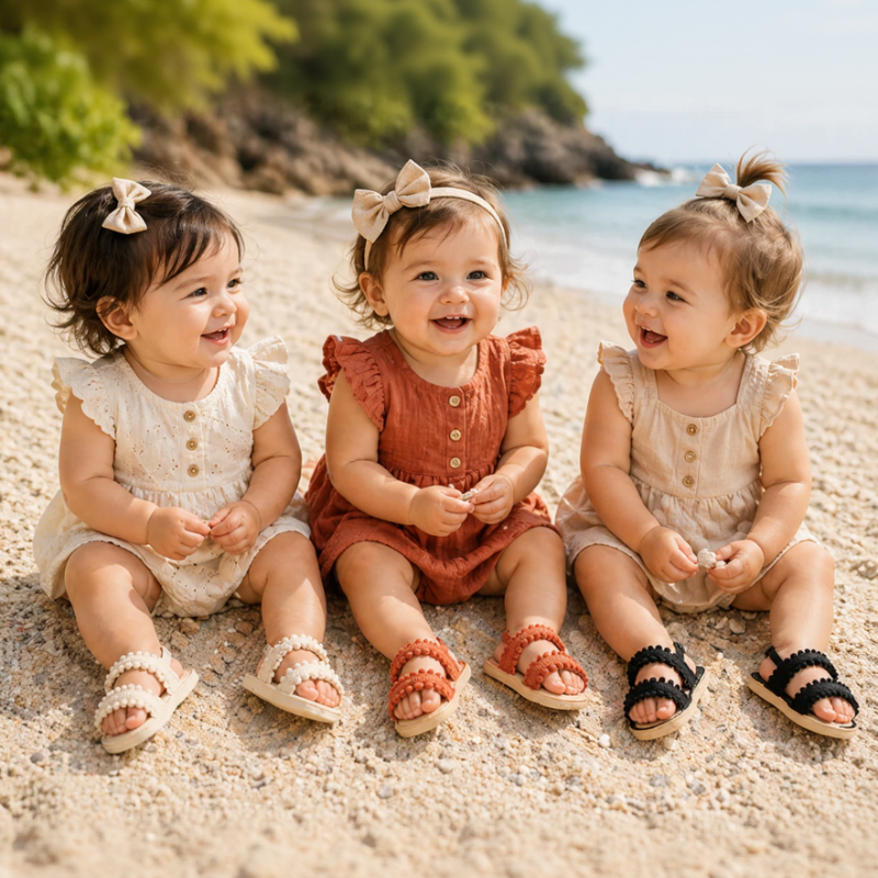 Three babies wearing cream, rust-colored and black sandals while sitting on a sandy beach.