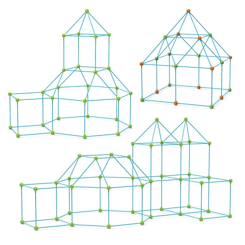 Three fort frame designs built with blue poles and green and orange ball connectors