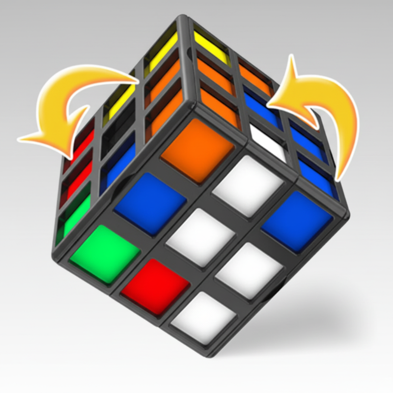 Multicolored 3x3 puzzle cube with arrows illustrating layer rotation