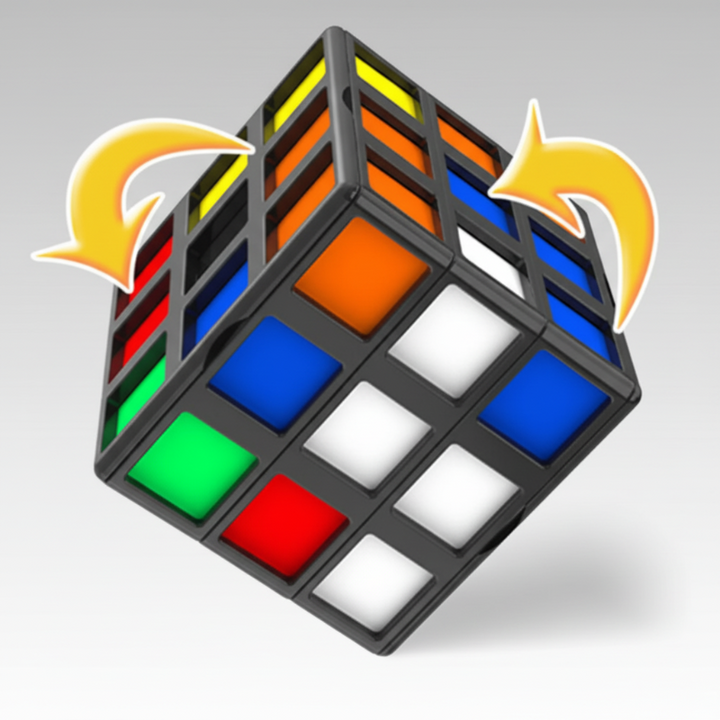 Multicolored 3x3 puzzle cube with arrows illustrating layer rotation