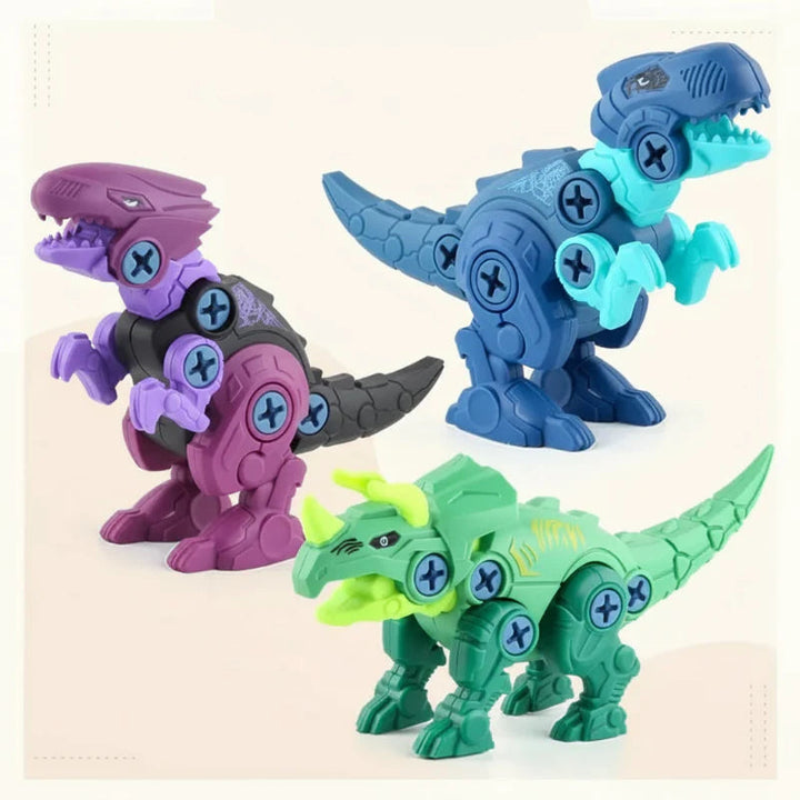 Purple, blue, and green screw-together dinosaur toys with visible assembly screws