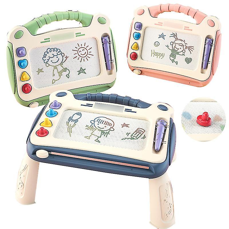 Green, pink, and blue drawing boards shown in handheld and standing configurations