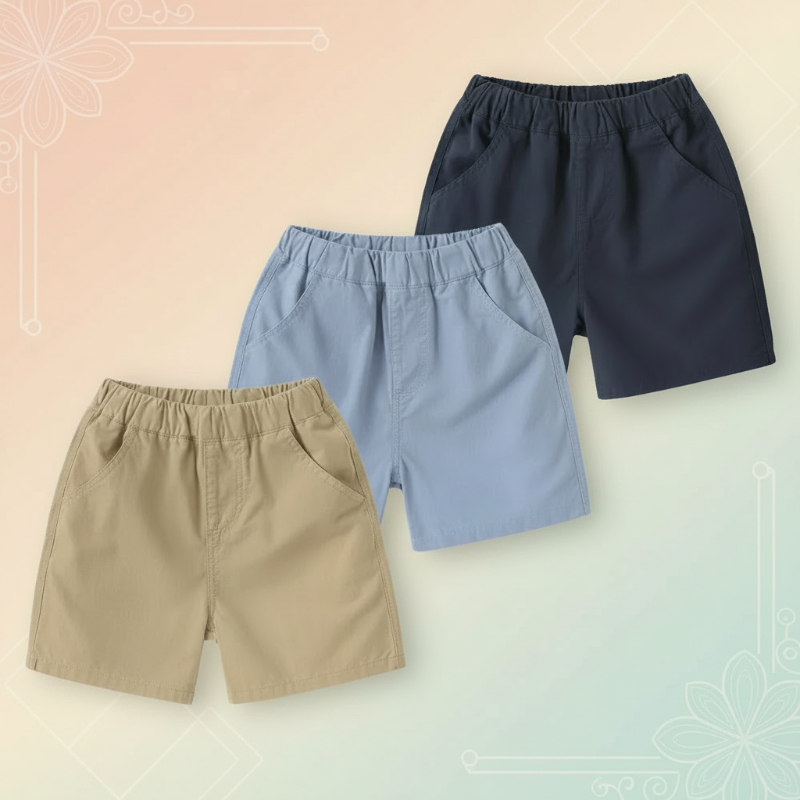 Navy, light blue and khaki pull-on shorts with side pockets