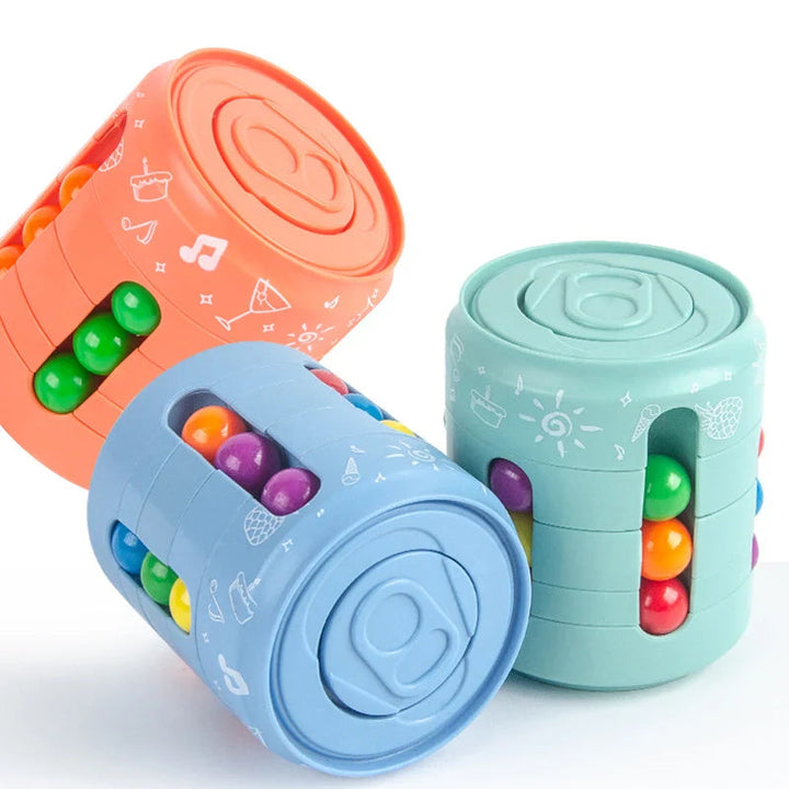 Orange, blue, and green rotating bead puzzles shown upright and on their sides