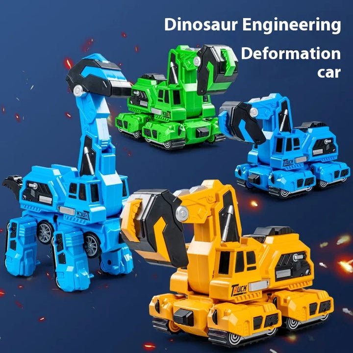 Blue, green, and yellow dinosaur construction vehicles shown in different forms