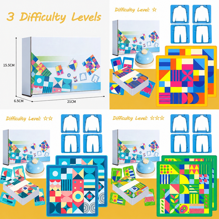 Three game difficulty levels shown with yellow, blue, and green patterned boards and matching cards.