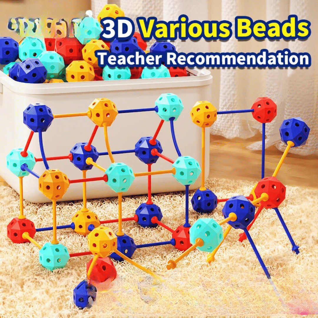 Cube and animal-inspired building models with colorful connector pieces and a storage box