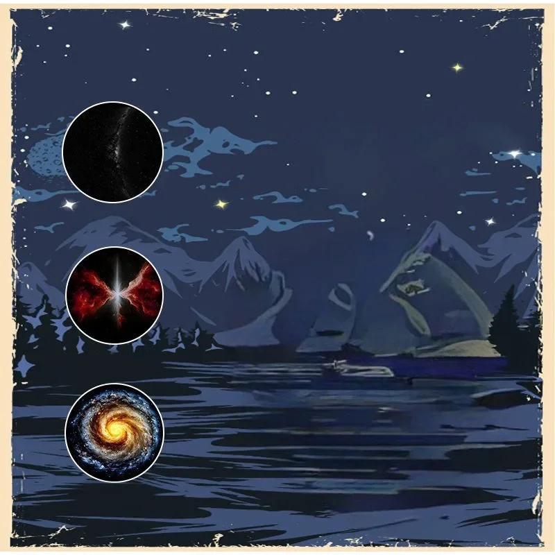 Three star, nebula, and galaxy disc previews over an illustrated mountain landscape