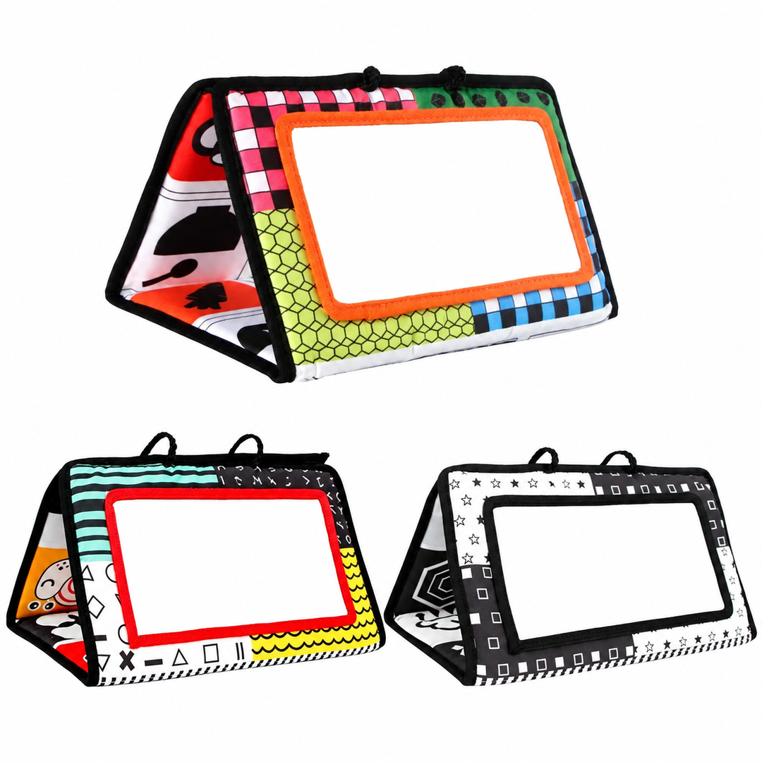 Orange-, red-, and black-framed fabric mirrors folded into triangular stands
