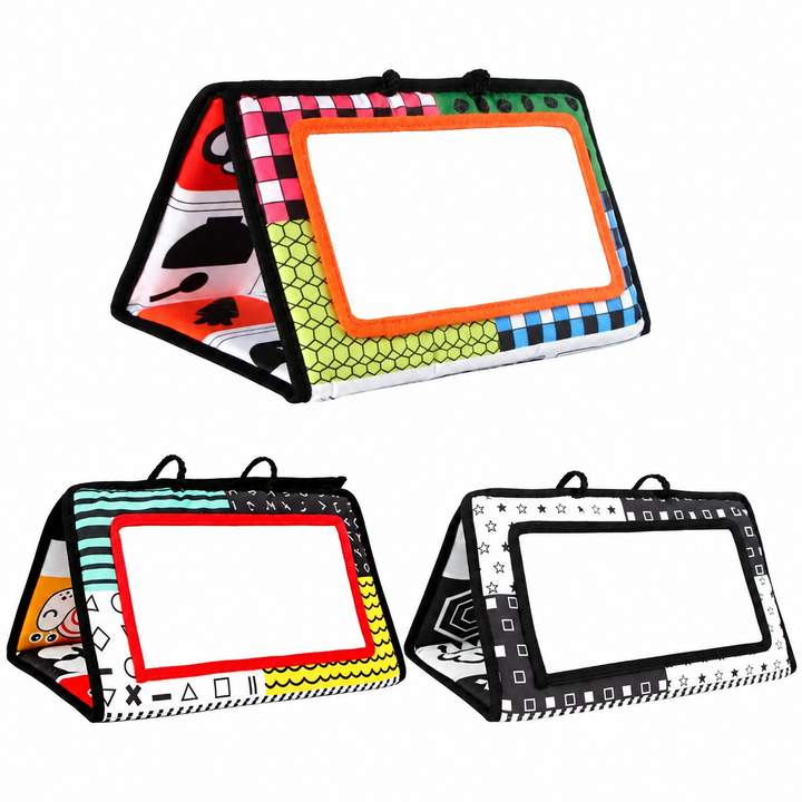 Orange-, red-, and black-framed fabric mirrors folded into triangular stands