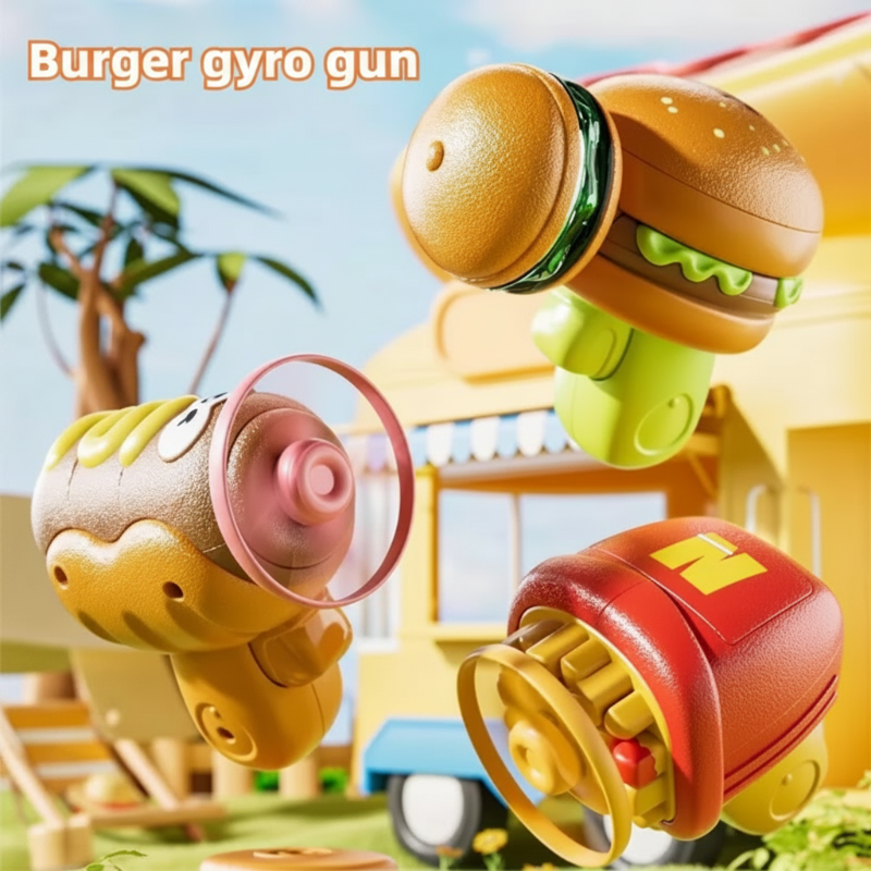 Hamburger, hot dog, and french fry launchers shown with spinning pieces
