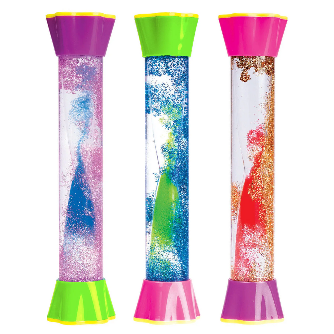 Three glitter sensory tubes with colored liquid and bright end caps