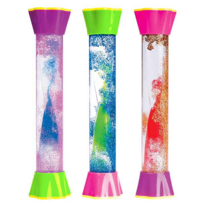 Three glitter sensory tubes with colored liquid and bright end caps