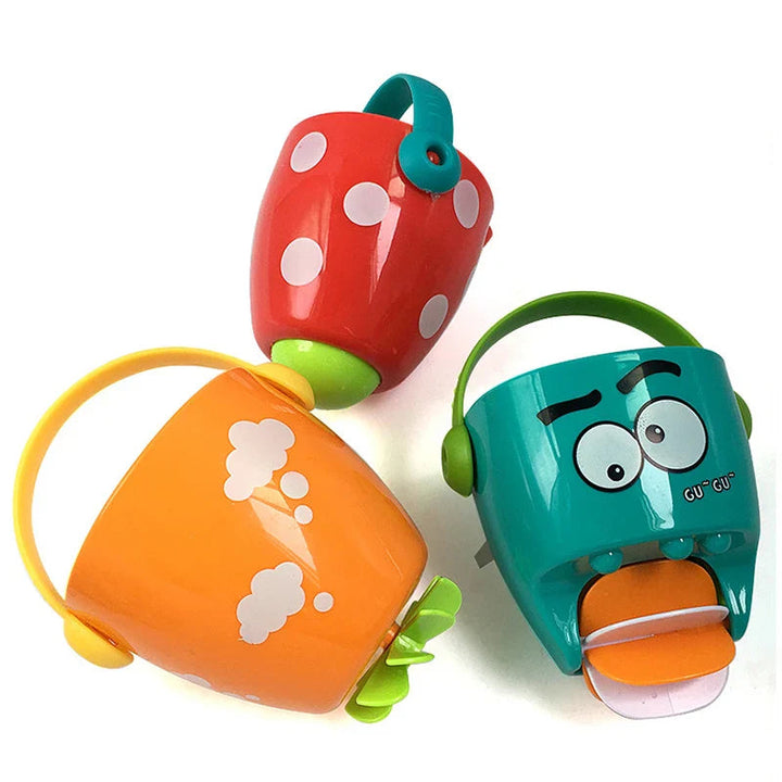 Three handled bath buckets in red, orange, and teal, each with a different base design.
