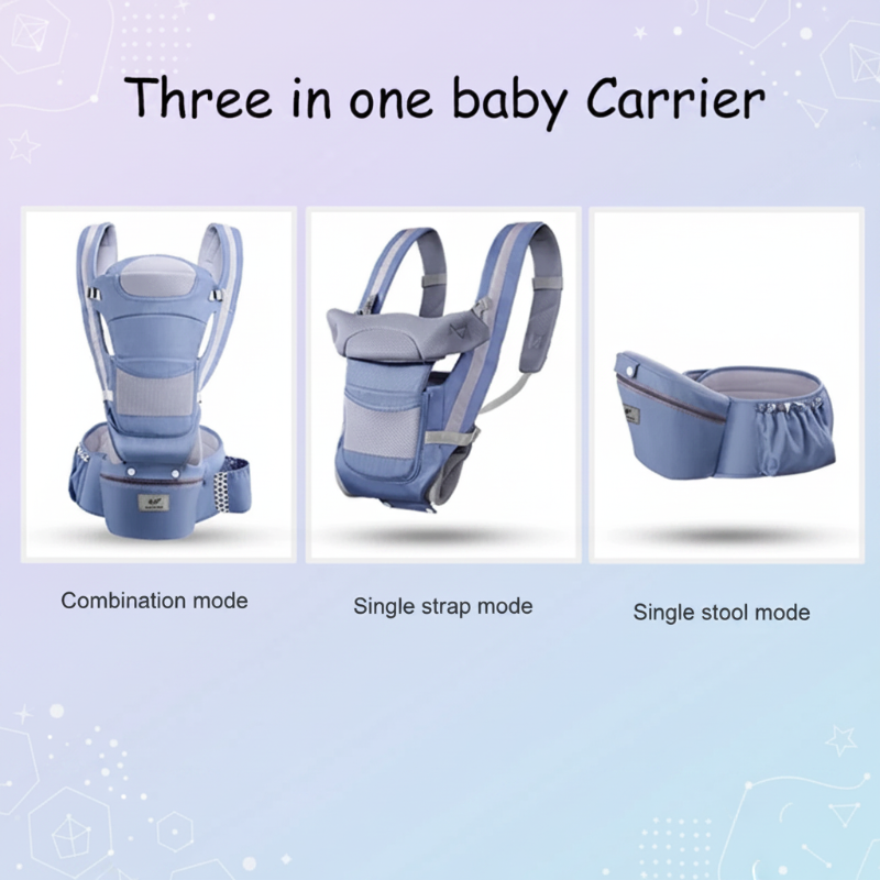 Three baby carrier configurations: carrier with hip seat, carrier section alone, and standalone hip seat