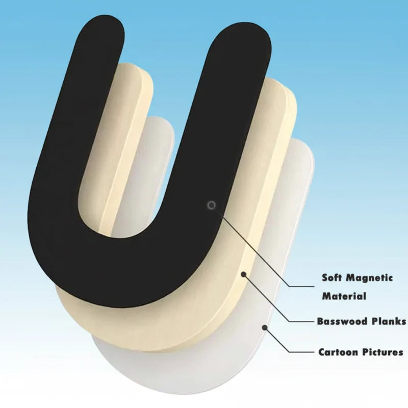 Layered letter piece showing its illustrated surface, basswood core, and soft magnetic backing