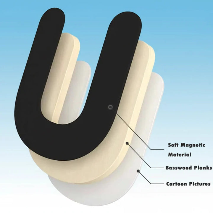 Layered letter piece showing its illustrated surface, basswood core, and soft magnetic backing
