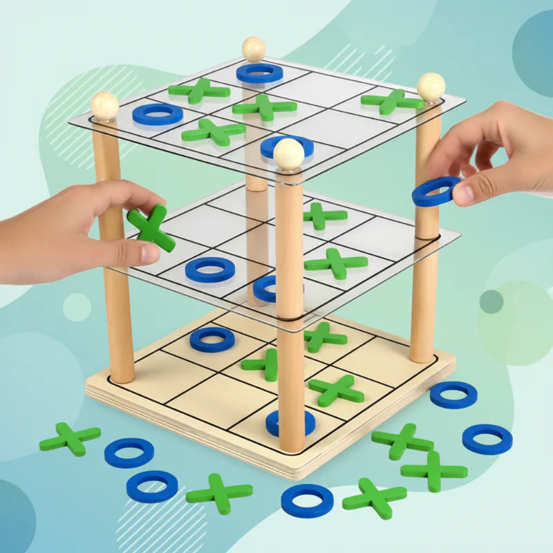 Hands placing green X and blue O pieces on a three-level tic-tac-toe game with a wooden frame
