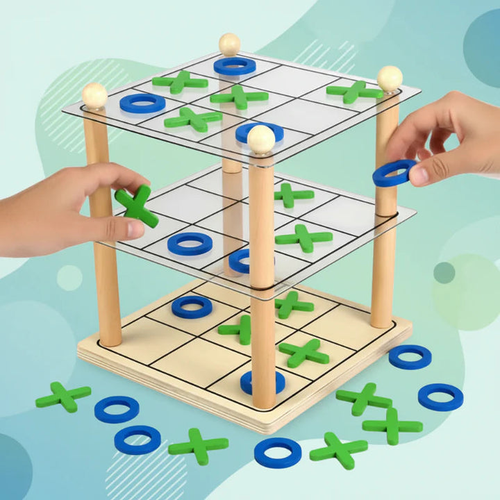 Hands placing green X and blue O pieces on a three-level tic-tac-toe game with a wooden frame