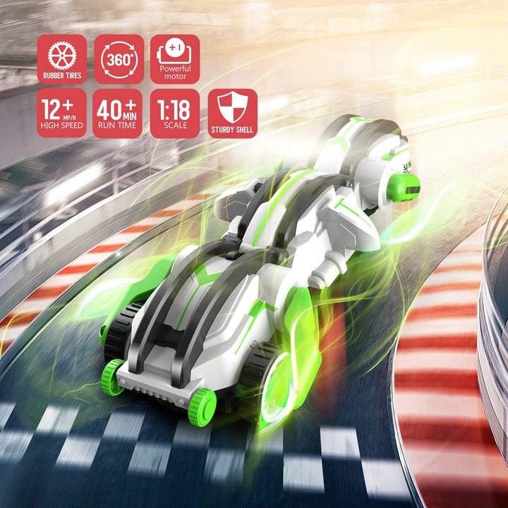 White and green three-part stunt car in an illustrated racing scene