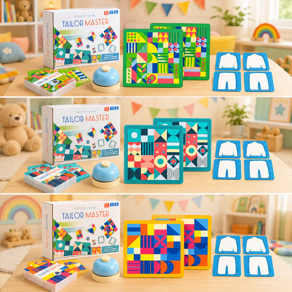 Three matching game versions with geometric fabric mats, pattern cards, clothing-shaped frames, and a bell