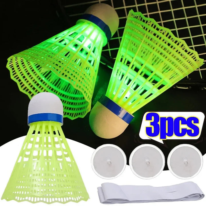Three-piece green badminton shuttle set with round mounts and cord accessories