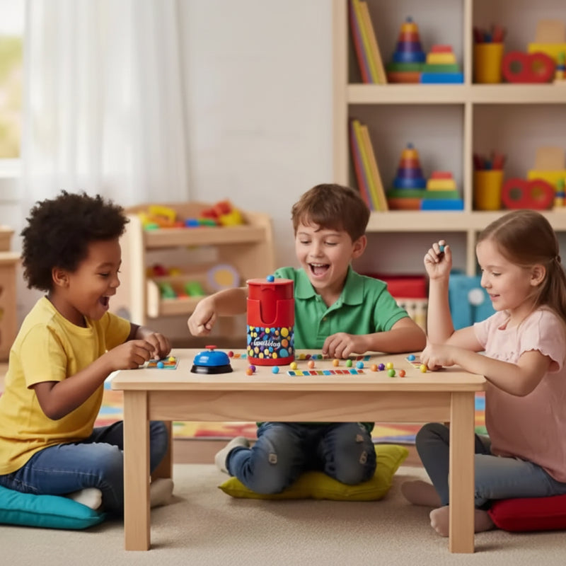 Three children playing a bead-matching game around a table