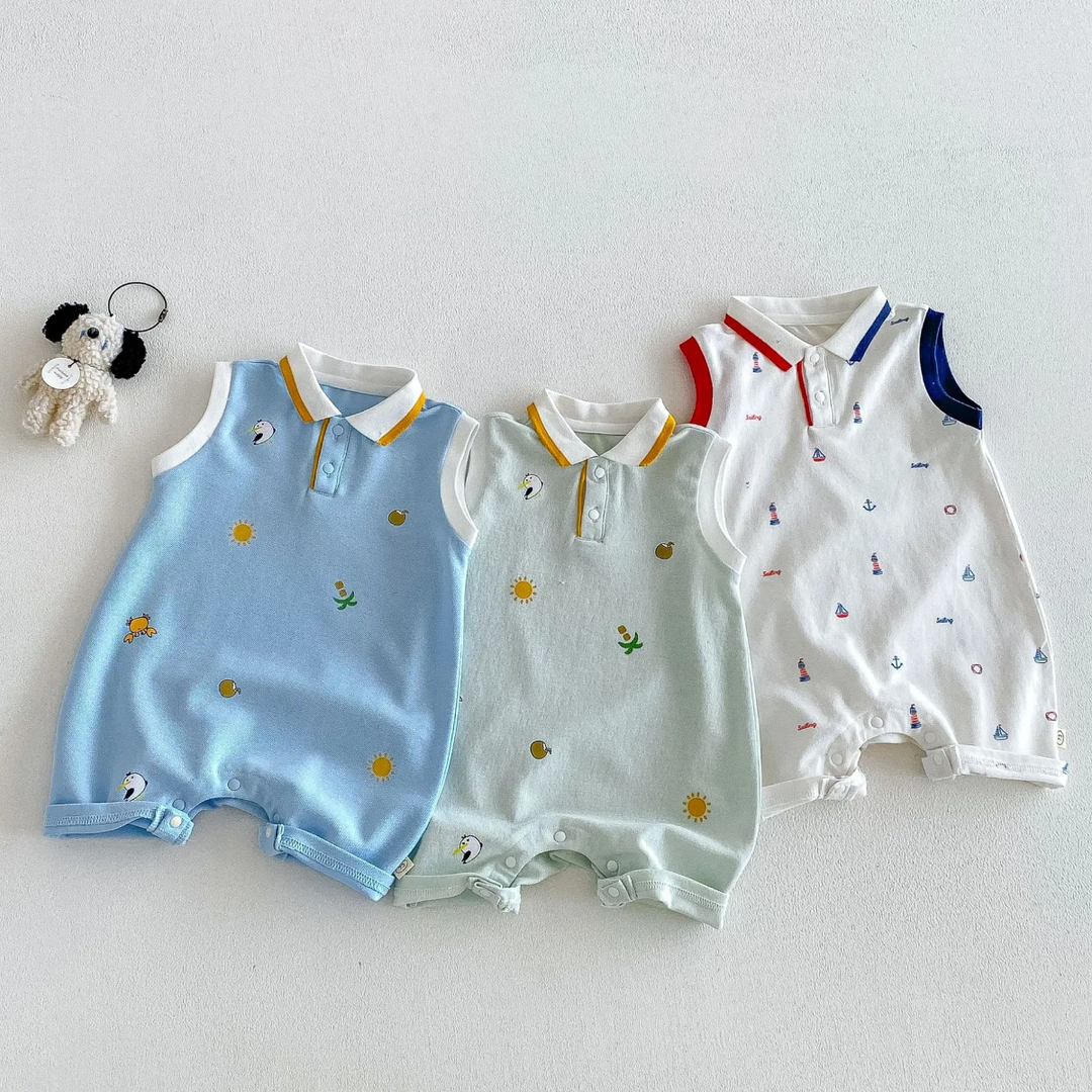 Front views of light blue, light green, and white printed sleeveless baby polo rompers